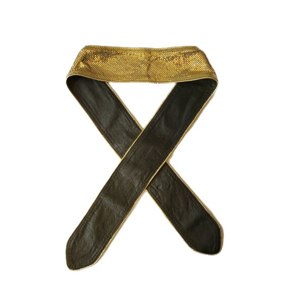 Gold Tone Chainmail Tie Belt Metal Mesh & Black Leather Backing Disco Gl… - Picture 2 of 5